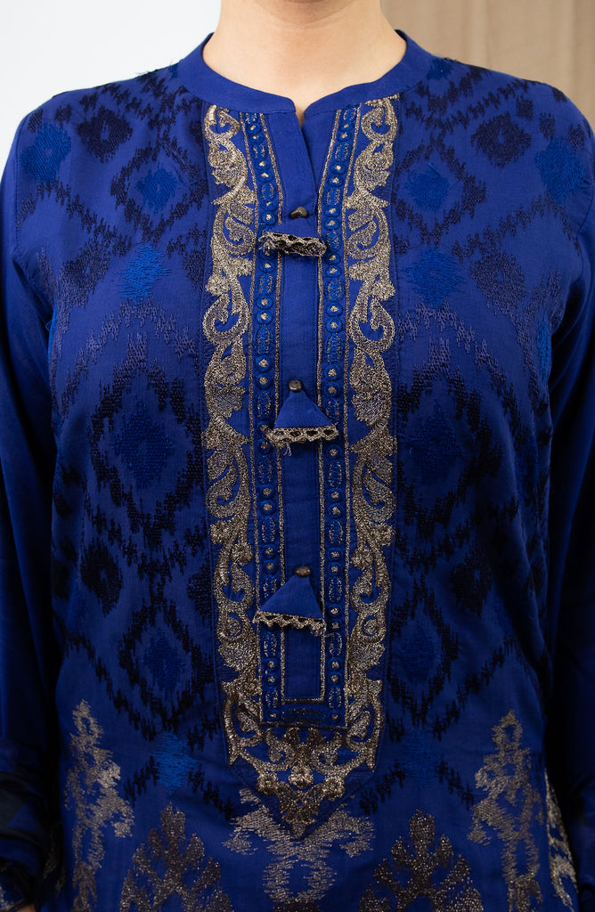 Limelight Blue Embroidered Raw Silk Suit