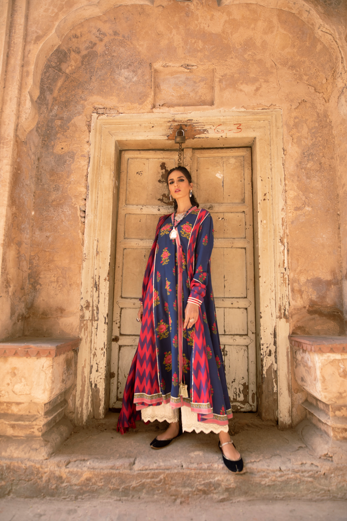 Zaha Blue & Pink Long Dress with Silk Dupatta